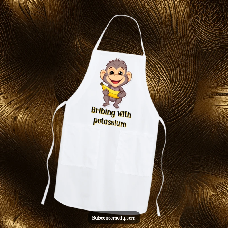 Funny baboon with a mischievous grin holding a banana on a kitchen apron. Perfect for chefs and snack lovers who enjoy humor.