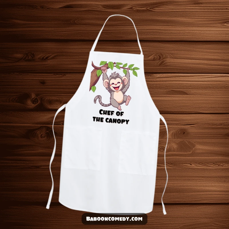 Funny kawaii baboon apron, a happy primate swinging from a vine, ready to bring jungle-level fun to any kitchen task.