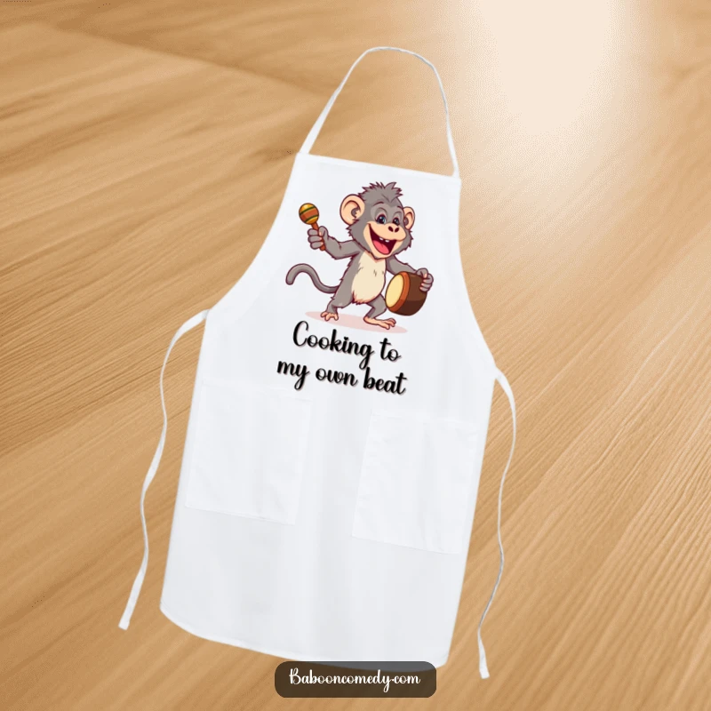 Funny apron depicting a joyful baboon dancing energetically with a drum and maracas, bringing musical fun to the kitchen.
