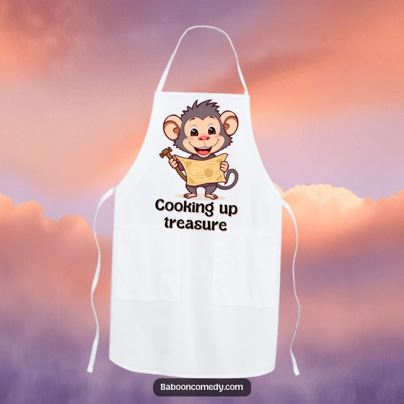 Funny baboon apron designed for treasure hunting adventures in the kitchen, a practical and funny gift.