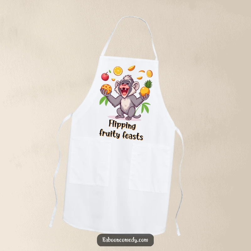 Funny Kawaii baboon apron, showing a gleeful primate tossing tropical fruits in the air and catching them, adding tropical humor.