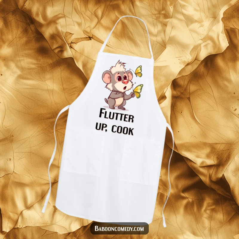 Funny apron showing a baboon’s comical surprise as a butterfly flutters by, adding a playful element to kitchen wear.