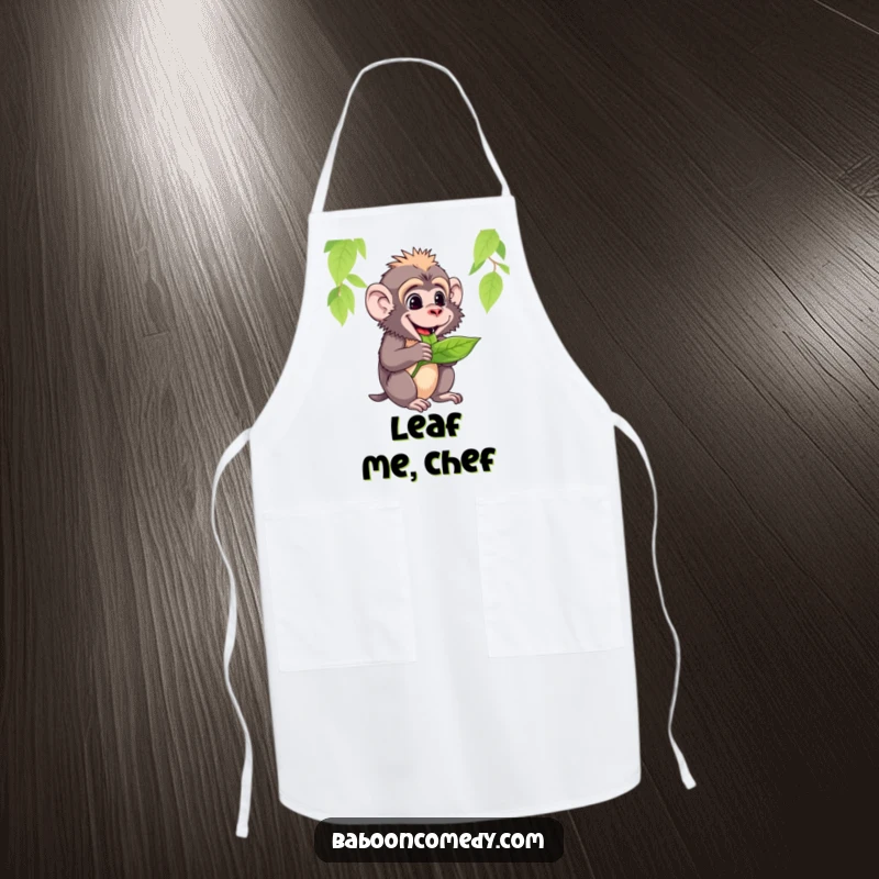 Funny apron showing a baboon happily chewing on a tasty green leaf, making meal preparation a joyful activity.