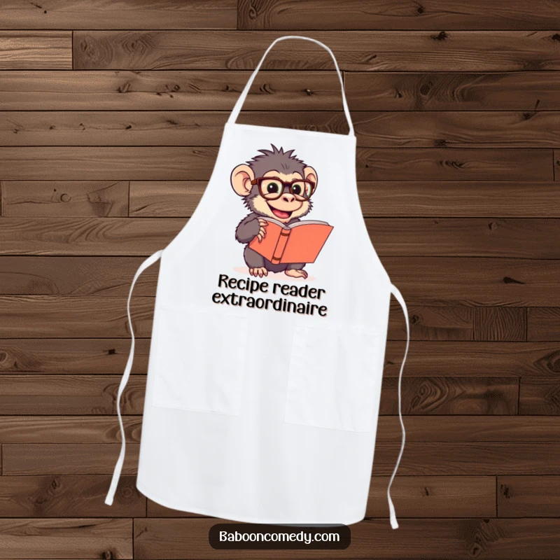Funny apron showing a giggling baboon in oversized glasses reading a large book, bringing intellect and humor to cooking duties.
