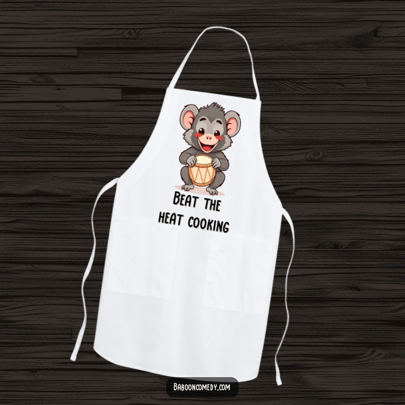 Funny Kawaii Baboon Apron: A happy kawaii baboon plays a tiny drum with a wide smile, ideal for a cute and cheerful cooking experience.