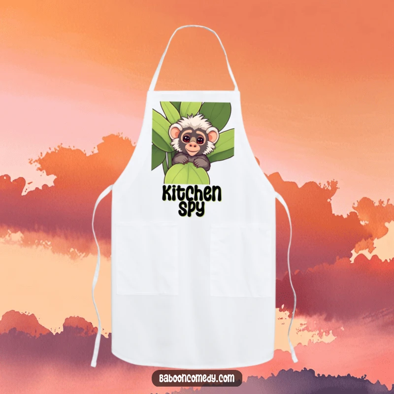 Funny Kawaii Baboon Apron, showing a cute baboon peeking playfully from behind a large, leafy plant.