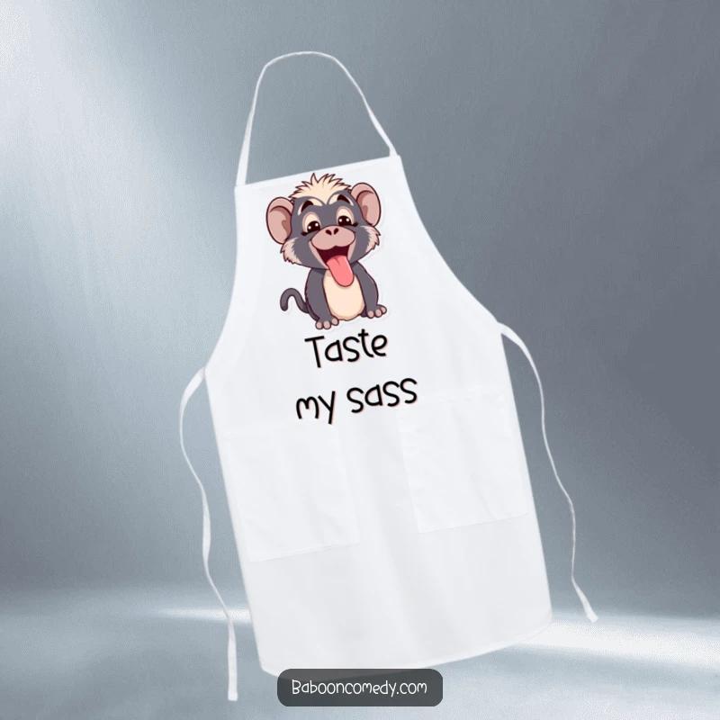 Funny Kawaii baboon apron, featuring a cute primate making a funny face and sticking its tongue out, ready for kitchen fun.