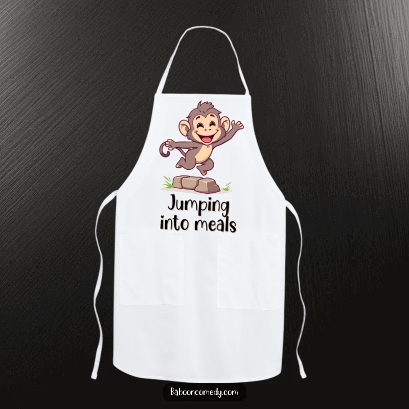 Funny apron featuring an energetic baboon leaping over a small obstacle with a grin, ideal for adding primate humor to cooking.