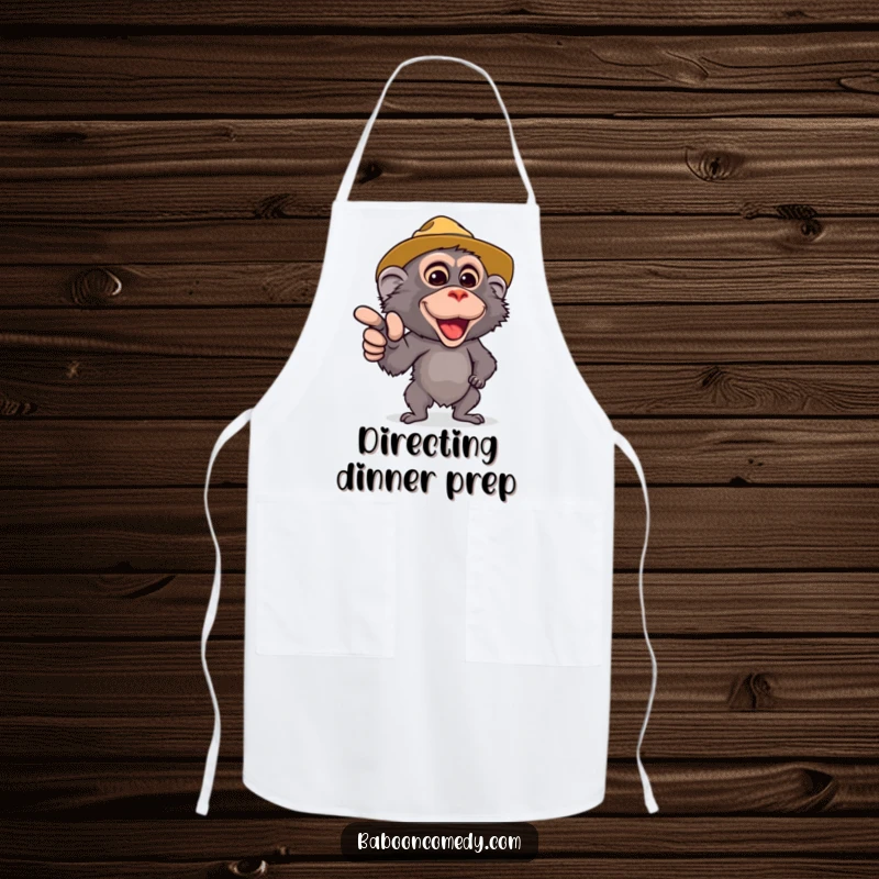 Funny Safari Baboon Apron: A cute baboon in a safari hat points forward. Ideal for fun and messy kitchen adventures.