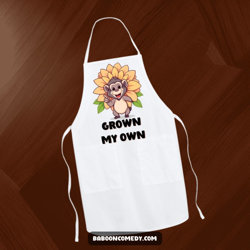 Funny apron with a happy baboon pointing proudly at a giant, blooming flower, bringing garden charm to the kitchen.