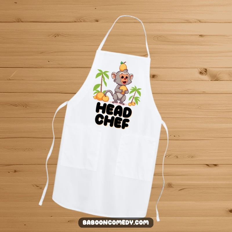 Funny kawaii baboon apron graphic of a primate balancing coconuts on its head while cooking in the kitchen.