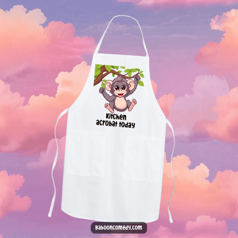 Funny apron with a design of a baboon with wide, excited eyes swinging from a vine, ready for kitchen fun.