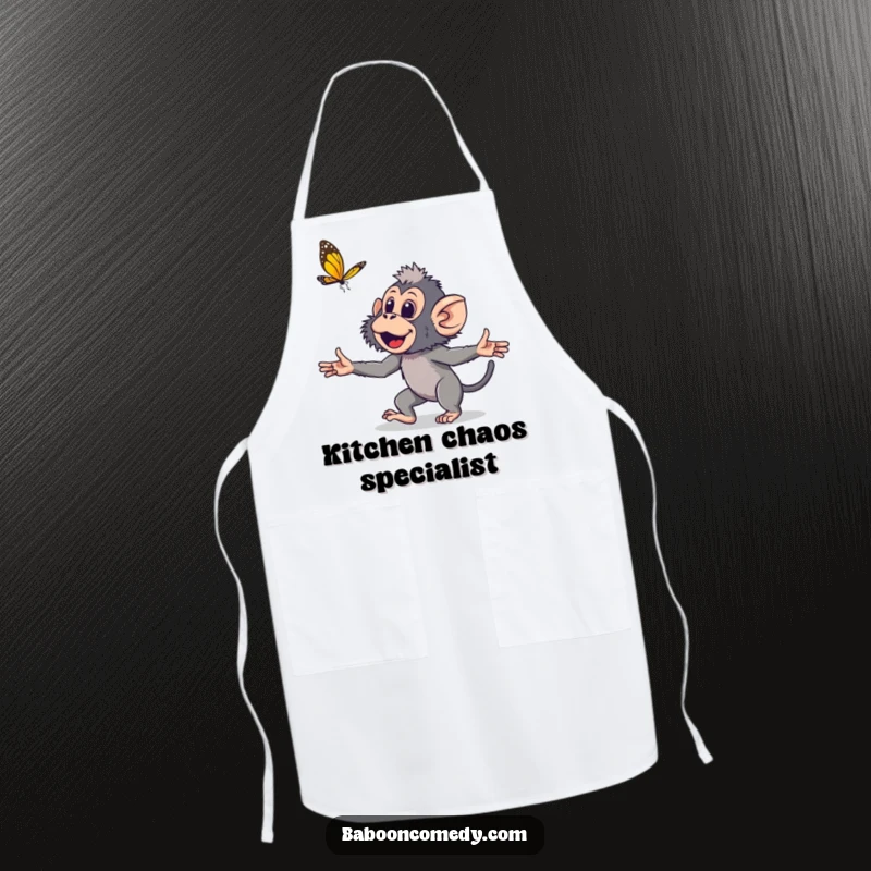 Funny young baboon apron, a small primate joyfully chasing a butterfly with outstretched hands, adding playful charm to kitchen duties.