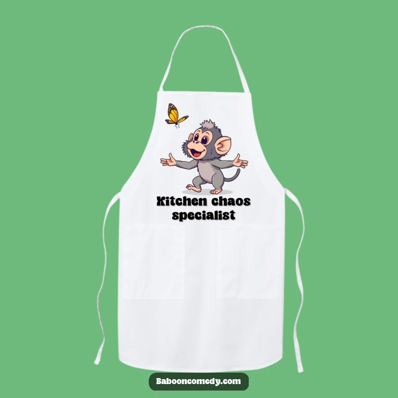 Funny Young Baboon Apron: Playful Primate Butterfly Chase Kitchen Fun