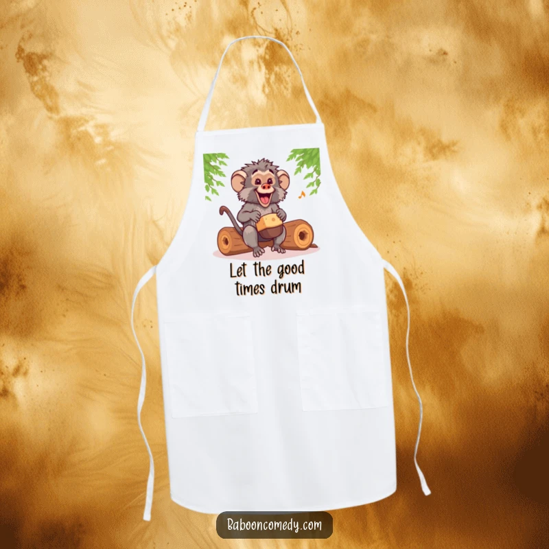 Funny kawaii baboon drummer apron, cooking up a storm with infectious rhythmic drumming, a hilarious kitchen accessory.