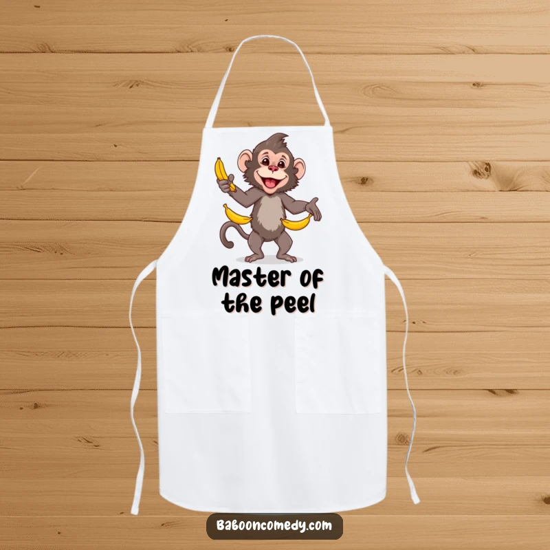 Funny baboon apron, a happy primate expertly juggling bananas while cooking, bringing skill and humor to kitchen tasks.