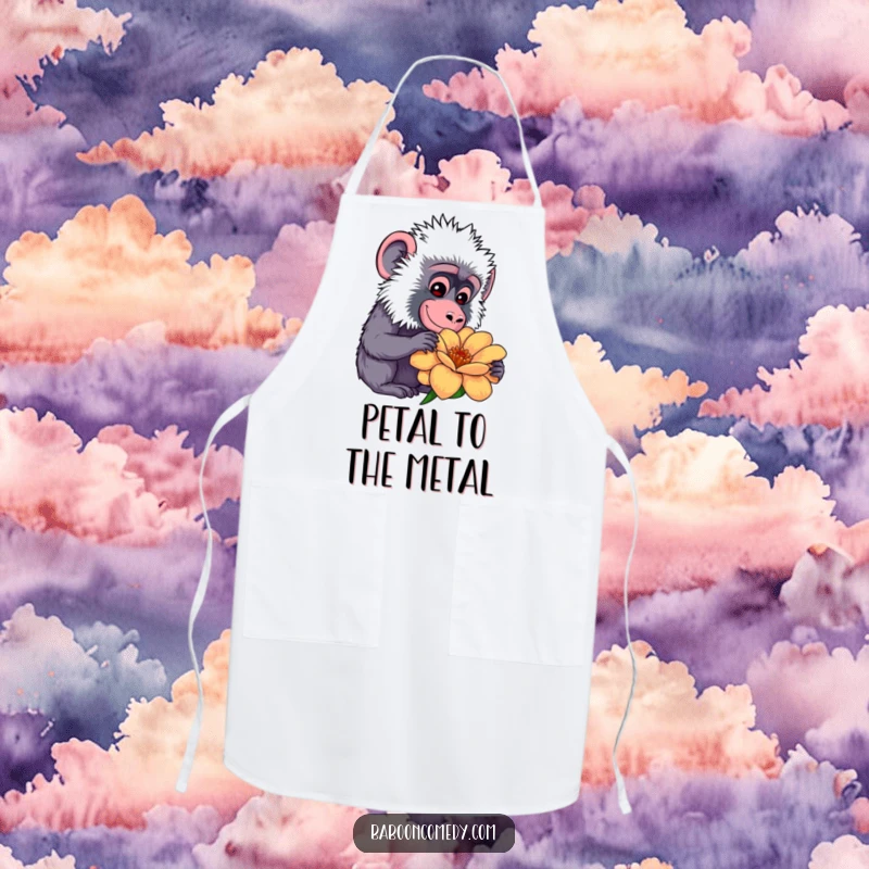 Funny kawaii baboon apron, gardening with a gentle smile while examining a colorful flower, a humorous kitchen accessory.