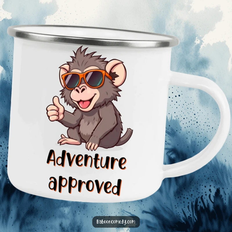 Funny camping mug showing a cool baboon in sunglasses with a positive thumbs-up, ready for outdoor adventures and good times.
