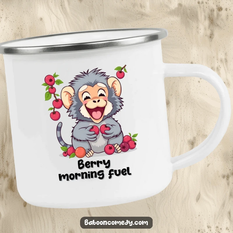 Funny camping mug depicting a baboon happily sharing a pile of berries with a friend, ideal for outdoor enthusiasts.
