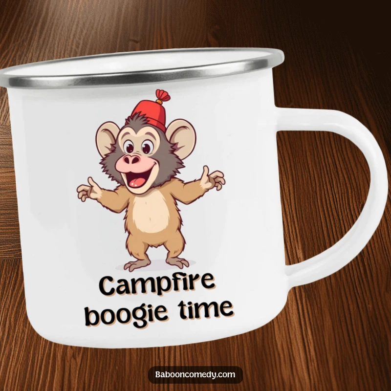 Durable funny camping mug with a playful baboon in a fez doing a silly dance, ready for any outdoor adventure or party.