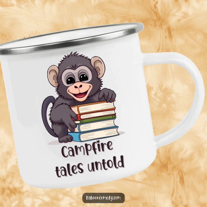 Funny camping mug with a mischievous baboon peeking over books and giggling, perfect for reading outdoors.
