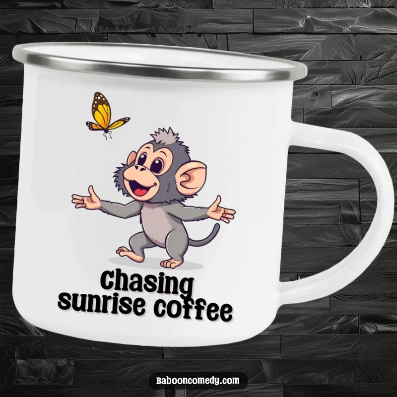 Funny young baboon camping mug, a cute primate with outstretched hands chasing a butterfly, perfect for enjoying drinks outdoors with a smile.