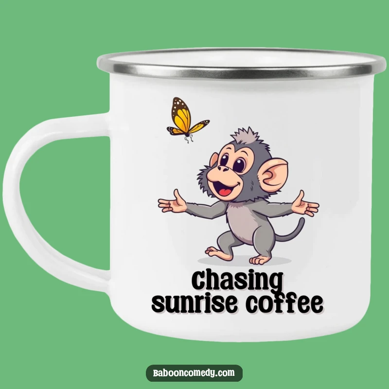 Funny Young Baboon Camping Mug: Playful Primate Butterfly Chase Adventure