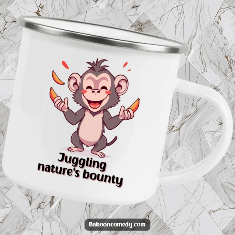 Durable funny camping mug featuring an amused baboon masterfully juggling bright red bananas, perfect for adventurous souls who love a laugh.