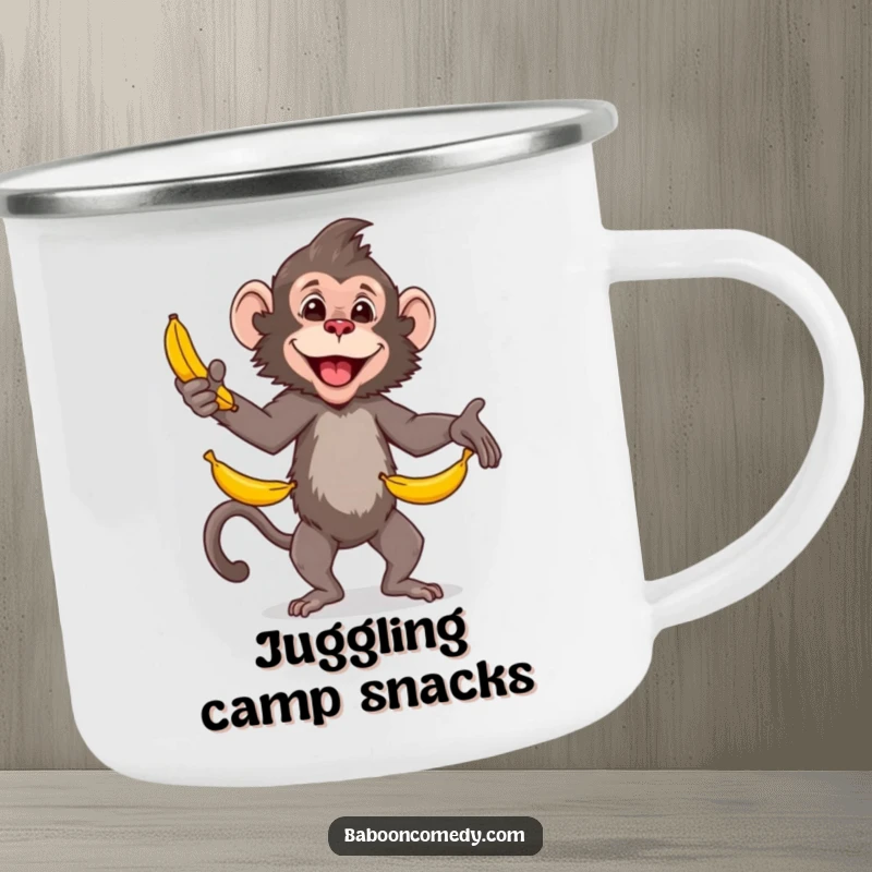 Funny baboon camping mug, a skilled primate juggling bananas, ideal for enjoying drinks around the campfire with a smile and admiration.