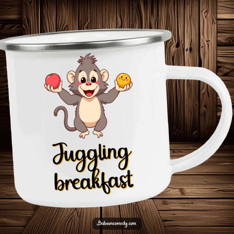 Funny baboon camping mug featuring a smiling ape juggling fruits, perfect for outdoor drinks and campfire chuckles.