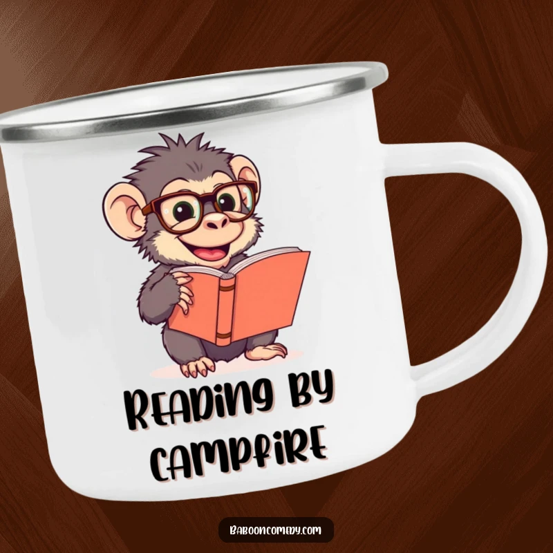 Durable funny camping mug with a giggling baboon in oversized glasses reading a book, perfect for outdoor reading sessions and fun.