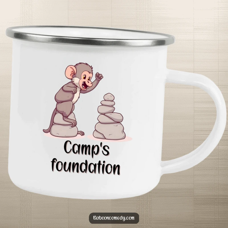 Funny camping mug showing a playful baboon building a tower of large, round stones, perfect for outdoor enthusiasts.
