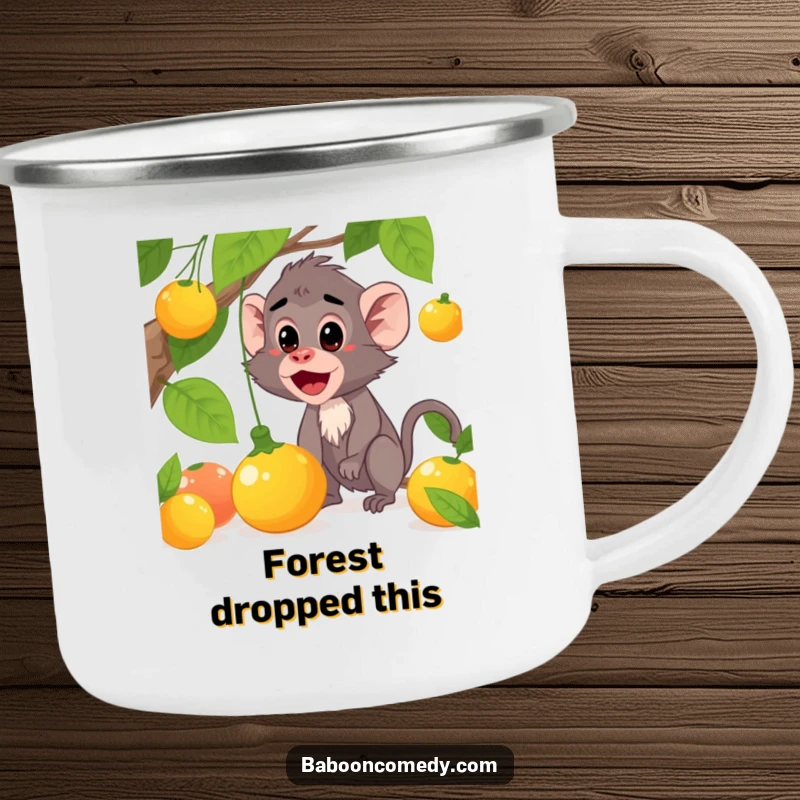 Funny baboon camping mug depicting a surprised character and falling fruit, ideal for humorous outdoor drinks, a cool funny gift.