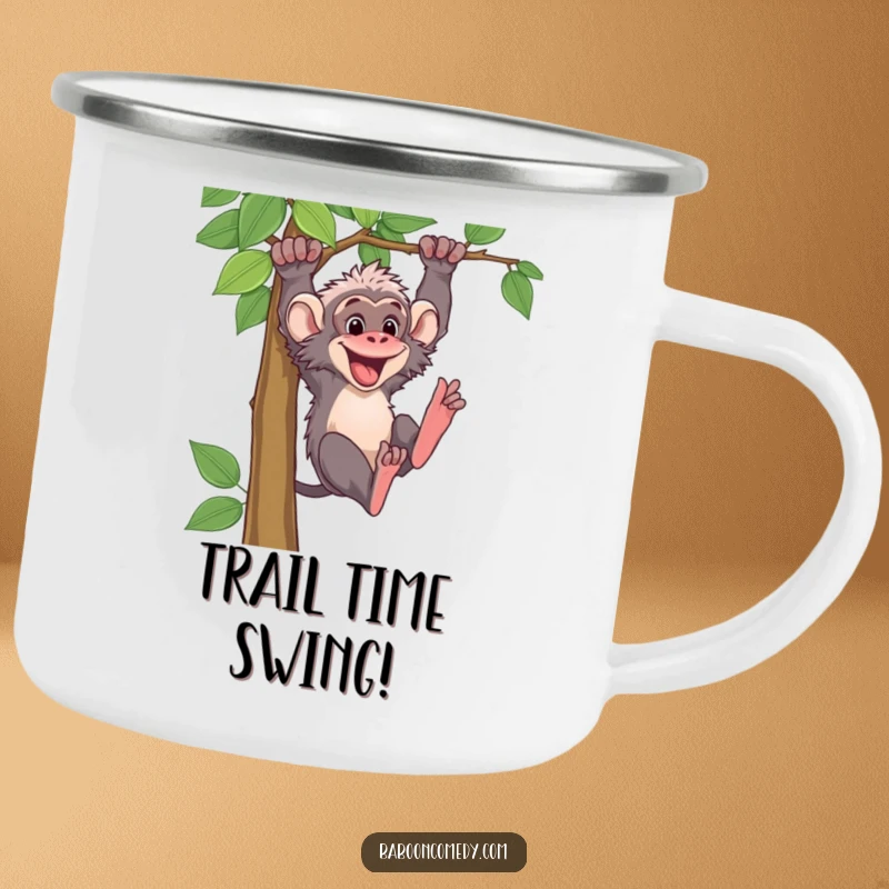 Funny baboon character swinging energetically from a vine on a sturdy camping mug. Perfect for sipping coffee or tea during outdoor trips.