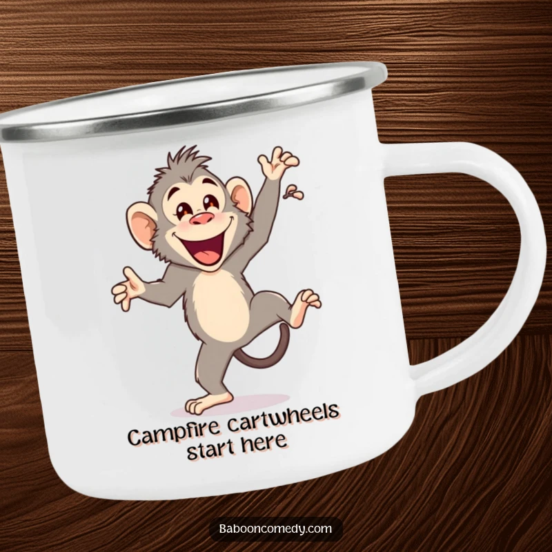 Funny camping mug with a joyful baboon performing a cartwheel and happy flourish, perfect for enjoying drinks outdoors with primate humor.