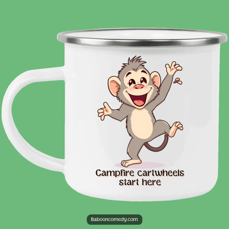 Funny Cartwheeling Baboon Camping Mug: Enjoy Your Drink with Hilarious Primate Acrobatics