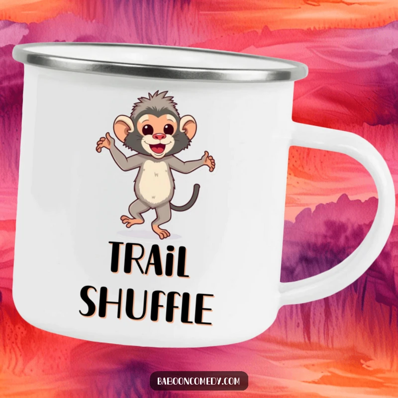 Funny dancing baboon camping mug with a happy ape grooving, perfect for drinks around the campfire.