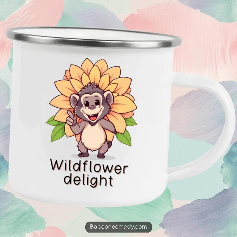 Funny camping mug with a happy baboon pointing proudly at a giant, blooming flower, perfect for nature excursions.