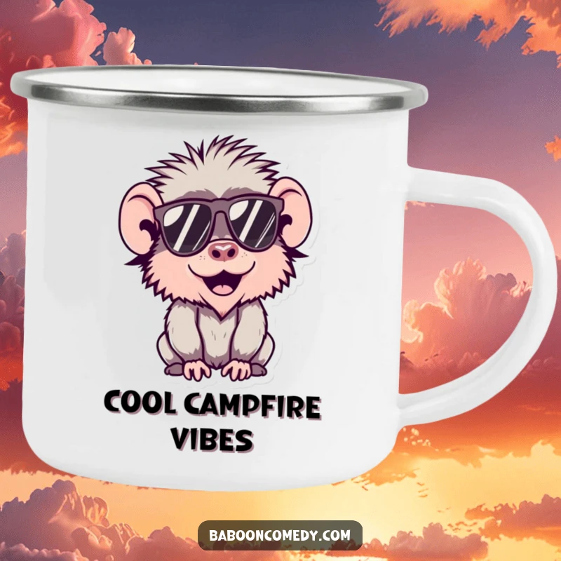 Funny Kawaii Baboon Camping Mug featuring a cool baboon wearing sunglasses, built for rugged outdoor chill.