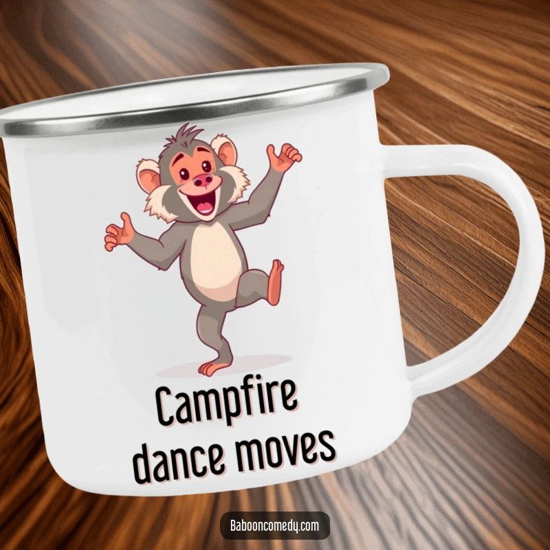 Funny kawaii baboon camping mug, an energetic primate doing a silly dance on its hind legs, perfect for outdoor joy.