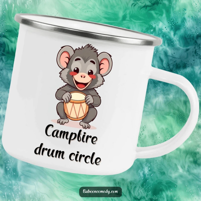 Funny Kawaii Baboon Camping Mug: A happy kawaii baboon plays a tiny drum with a wide smile, perfect for cute outdoor enjoyment.