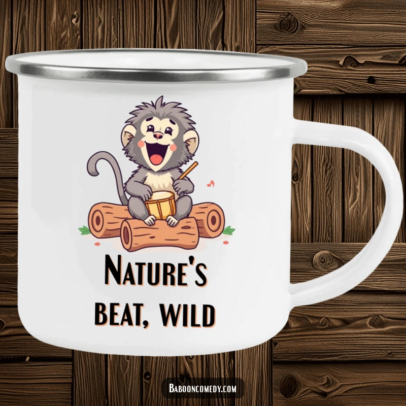 Funny Kawaii baboon camping mug, showing an excited primate drumming on hollow logs, perfect for enjoying music around the campfire.