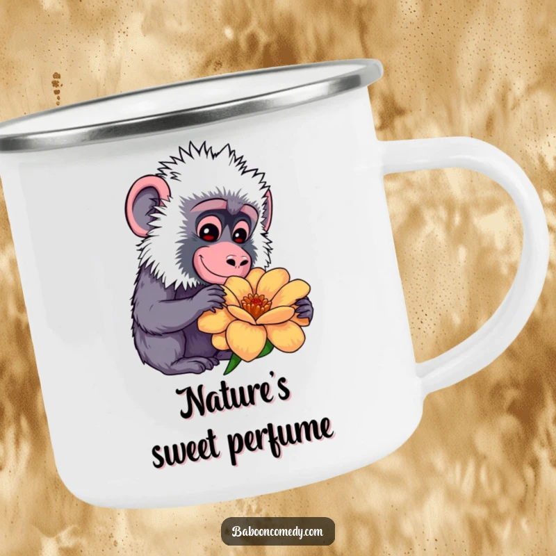 Funny kawaii baboon camping mug, smiling gently while examining a colorful flower, enjoying the outdoors with humor.