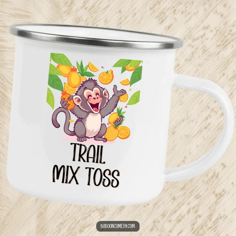 Funny kawaii baboon camping mug, enjoying tropical fruits while camping, a fun and humorous outdoor accessory.