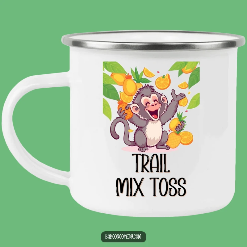 Funny Kawaii Baboon Fruit Toss Camping Mug: Tropical Sips, Hilarious Outdoor Gear