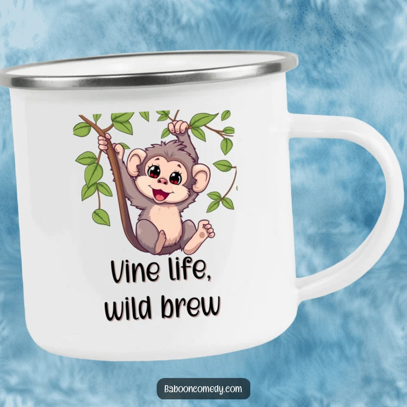 Funny Kawaii baboon camping mug, depicting a delighted primate swinging from a vine, ideal for outdoor adventures and cheerful mornings.