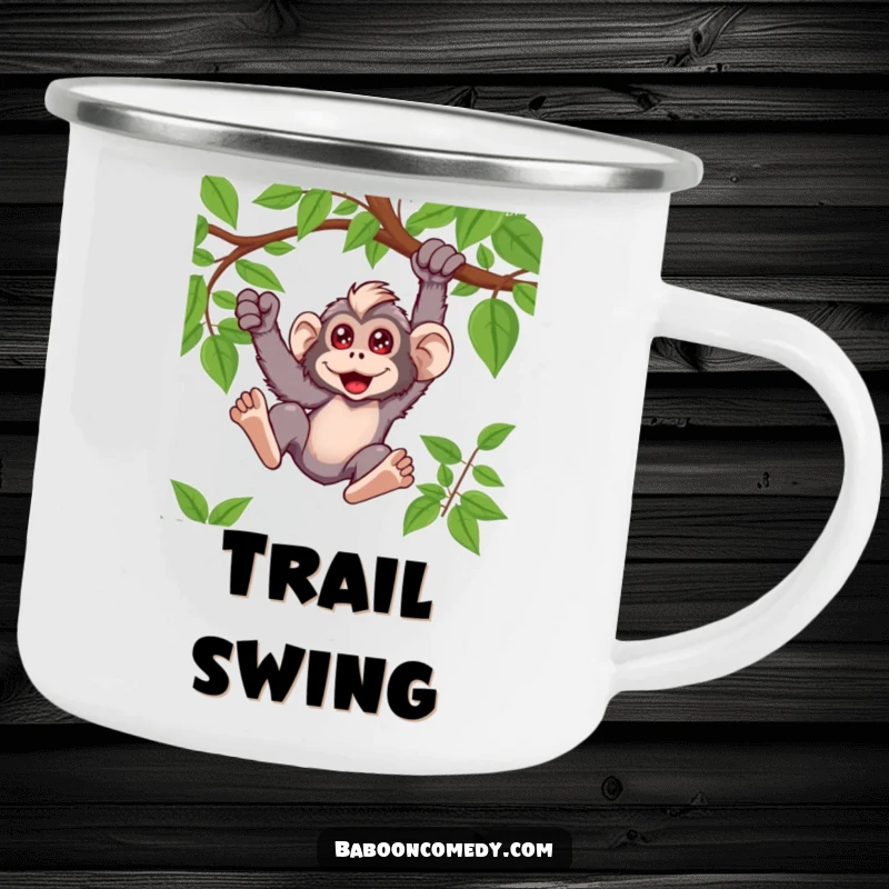 Funny kawaii baboon camping mug illustration of a primate swinging on a vine, perfect for rugged adventures.