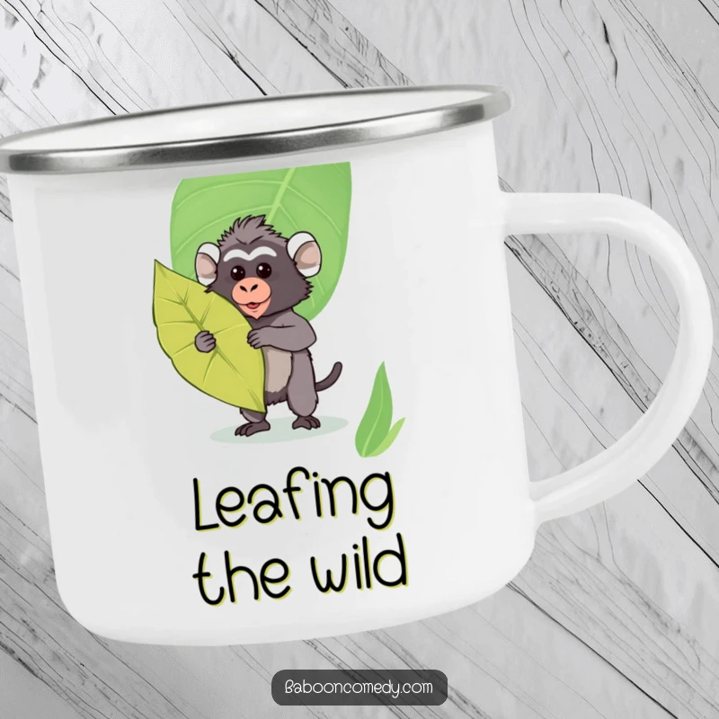 Funny Kawaii Baboon Camping Mug: Cute baboon posing with a leaf shield, ready for outdoor adventures and a warm drink.