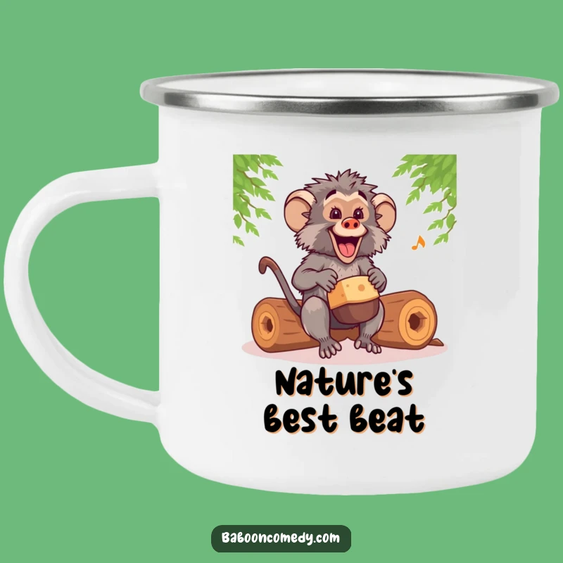 Funny Kawaii Baboon Drummer Camping Mug: Trail Rhythms, Hilarious Outdoor Gear