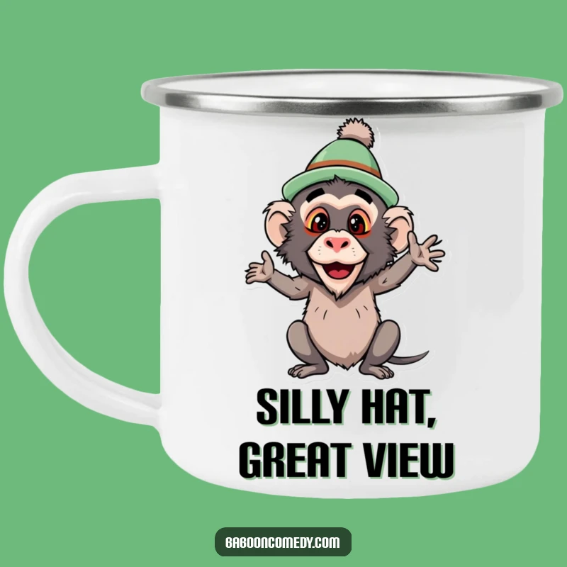 Funny Baboon Silly Hat Camping Mug: Primate Pose Adventure Drinkware